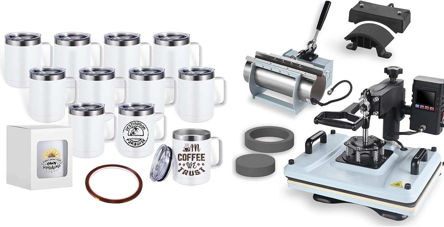 PlanetFlame 5-in-1 swing-away press bundled with 12-pack 12 oz mugs
